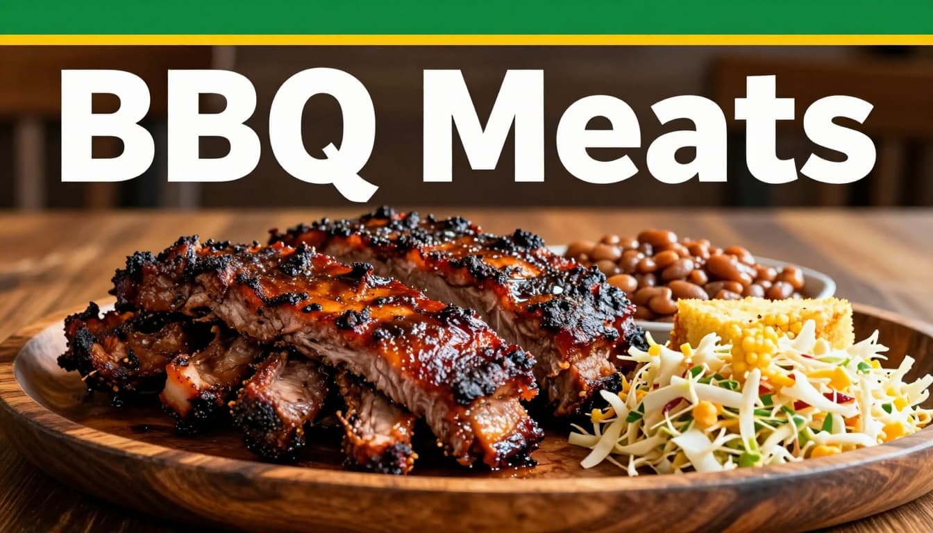 Smoked ribs, brisket, and pulled pork on wooden platter with coleslaw, baked beans, cornbread under green BBQ Meats band.