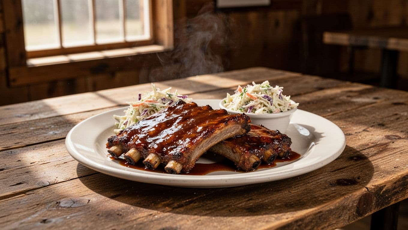 Plate of saucy BBQ ribs and coleslaw on wooden table in rustic smokehouse under green 'BBQ NEARBY' headline band.