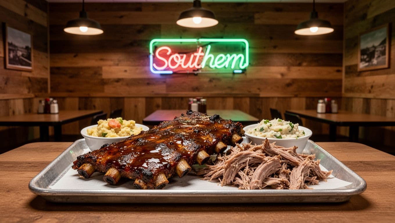 Cafeteria tray with BBQ ribs, pulled pork and sides in wooden-walled Southern cafe, green top banner reads Local BBQ.