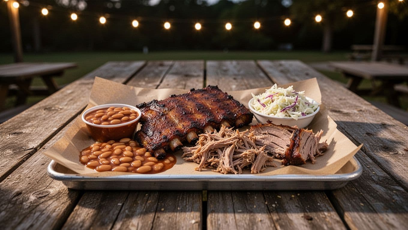 Half rack smoked BBQ ribs, pulled pork, baked beans, and coleslaw on paper-lined tray on rustic picnic table under string lights with green BBQ Spot banner at top.