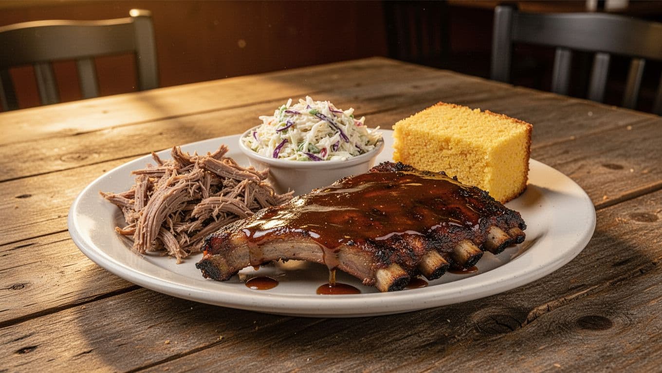 Plate of smoked ribs with sauce, pulled pork, coleslaw, and cornbread on wooden table under green BBQ Standout headline.