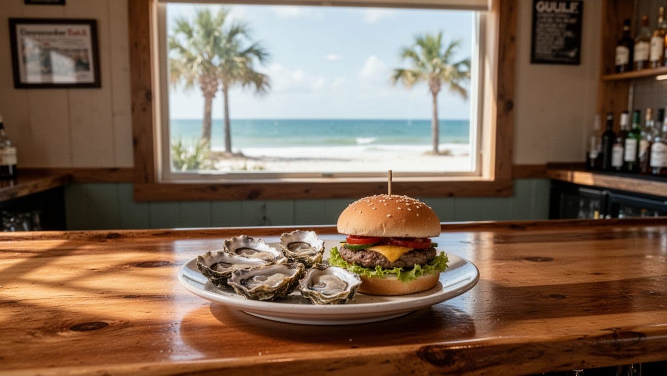 Wooden bar counter in beach bar with foreground plate of oysters and burger, Gulf window view, top green 'Local Favorite' band.