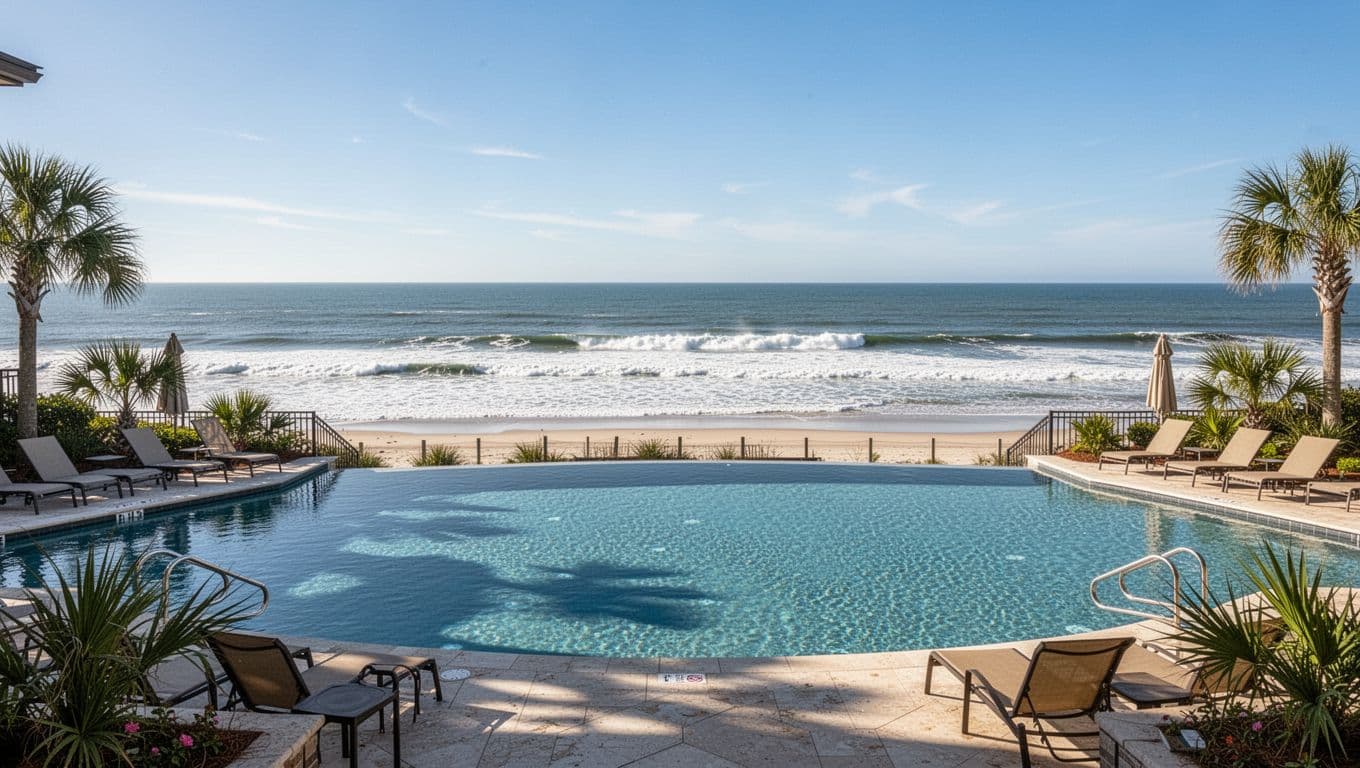 Empty lounge chairs surround infinity pool overlooking Gulf of Mexico waves at sunny beachfront resort, green 'Beachfront Options' headline band at top.