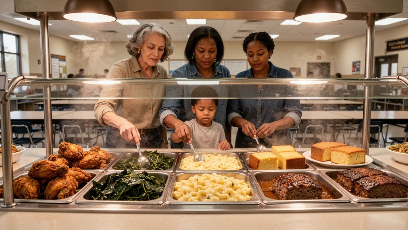 Family of three selects from steaming trays of fried chicken, collard greens, mac and cheese, cornbread, and meatloaf in cafeteria under 'Buffet Favorites' banner.