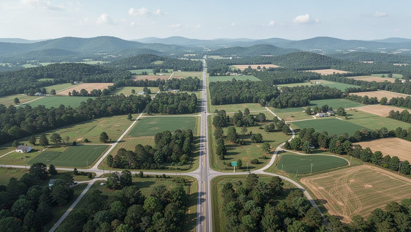 Illustrative map of Bear Creek, Alabama rural landscape with forests, hills, US-43 road, Bear Creek sign, clear sky, and top green headline band.