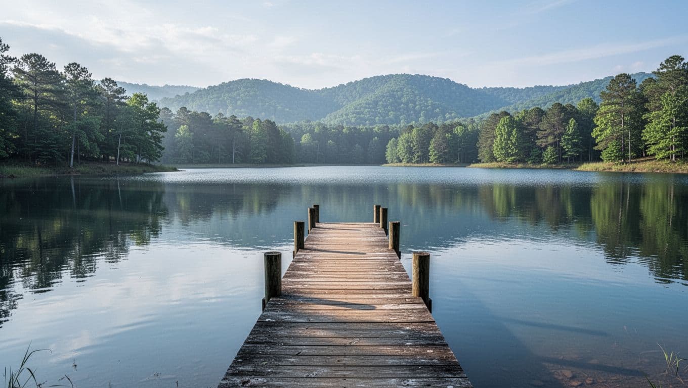 Wooden dock on shore of calm Bear Creek reservoir reflects trees in blue water with distant hills under morning light.