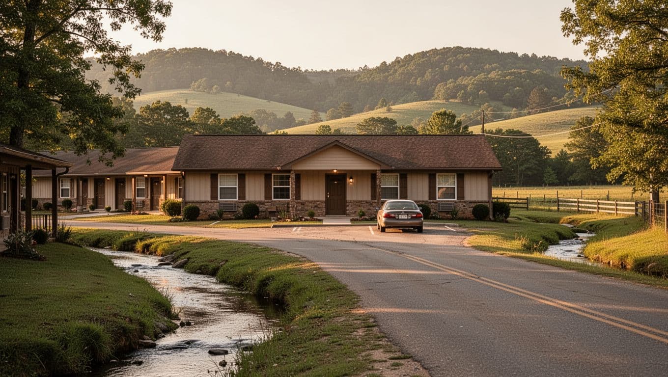 Motel exterior along quiet road with parked car foreground, rolling hills background, Top Stays banner, golden hour light.