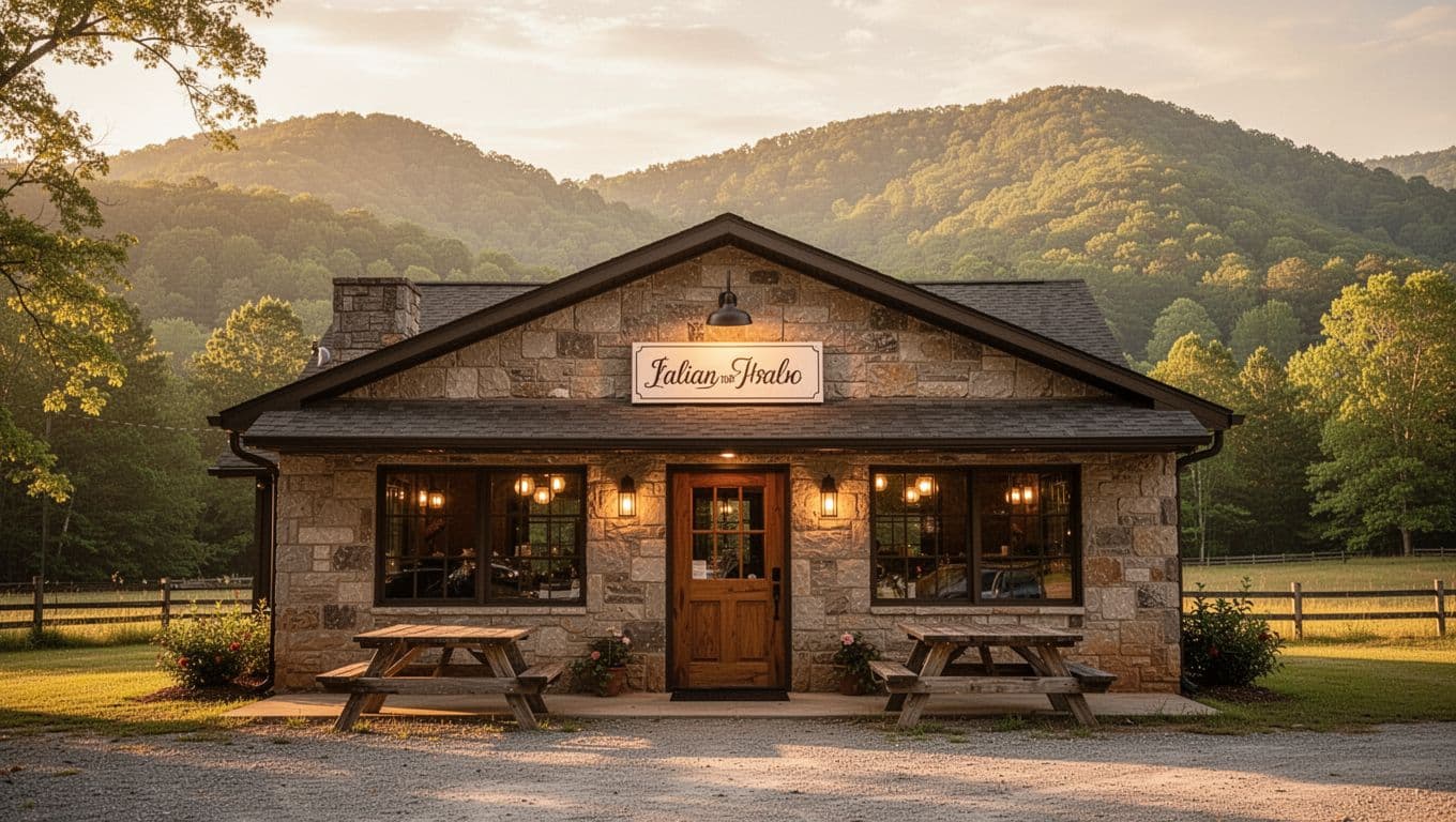 Bernie's Place restaurant exterior at golden hour sunset with picnic tables, green hills behind, window lights, and top 'Skyline Gem' green band.