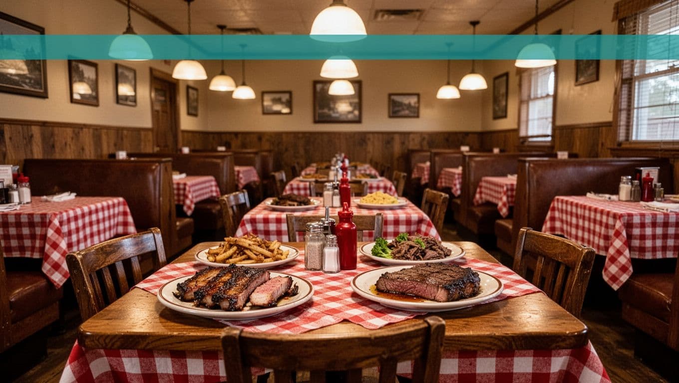 Green top band with 'Berry's Top Spot' headline over empty Southern diner with checkered tables, barbecue and steak plates, booths, warm lighting.