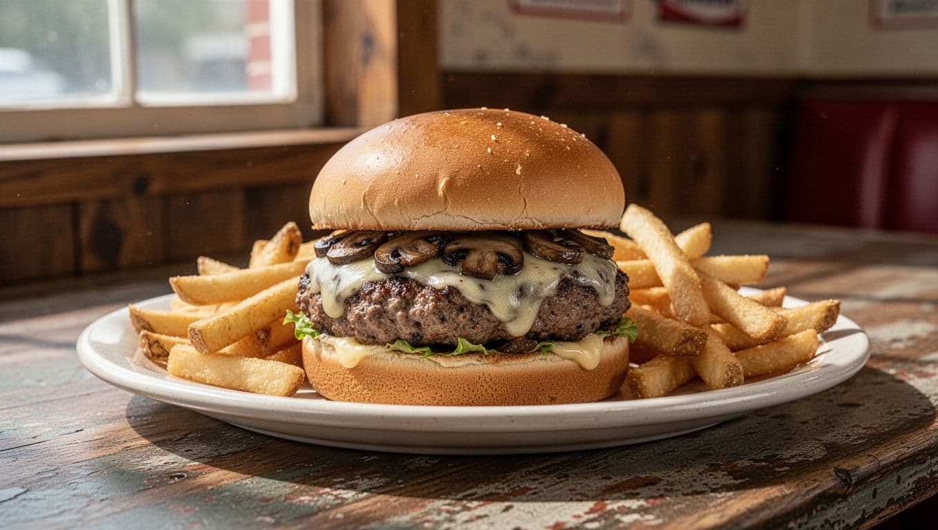 Juicy mushroom swiss burger with melted cheese and fries on diner counter plate under green Best Burger headline.