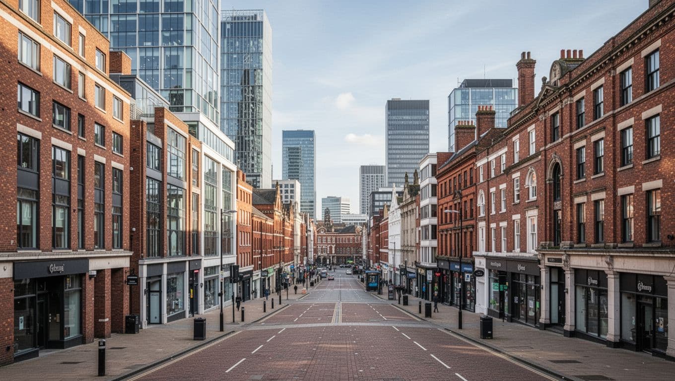 A wide street view of modern architectural buildings in the center of Birmingham.