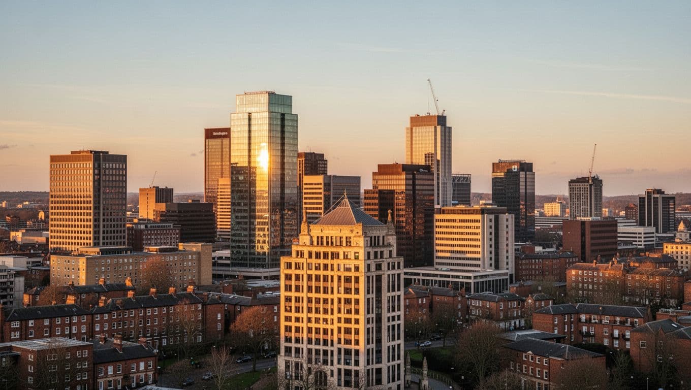 The Birmingham cityscape glows under soft golden hour light with a bold header band above.