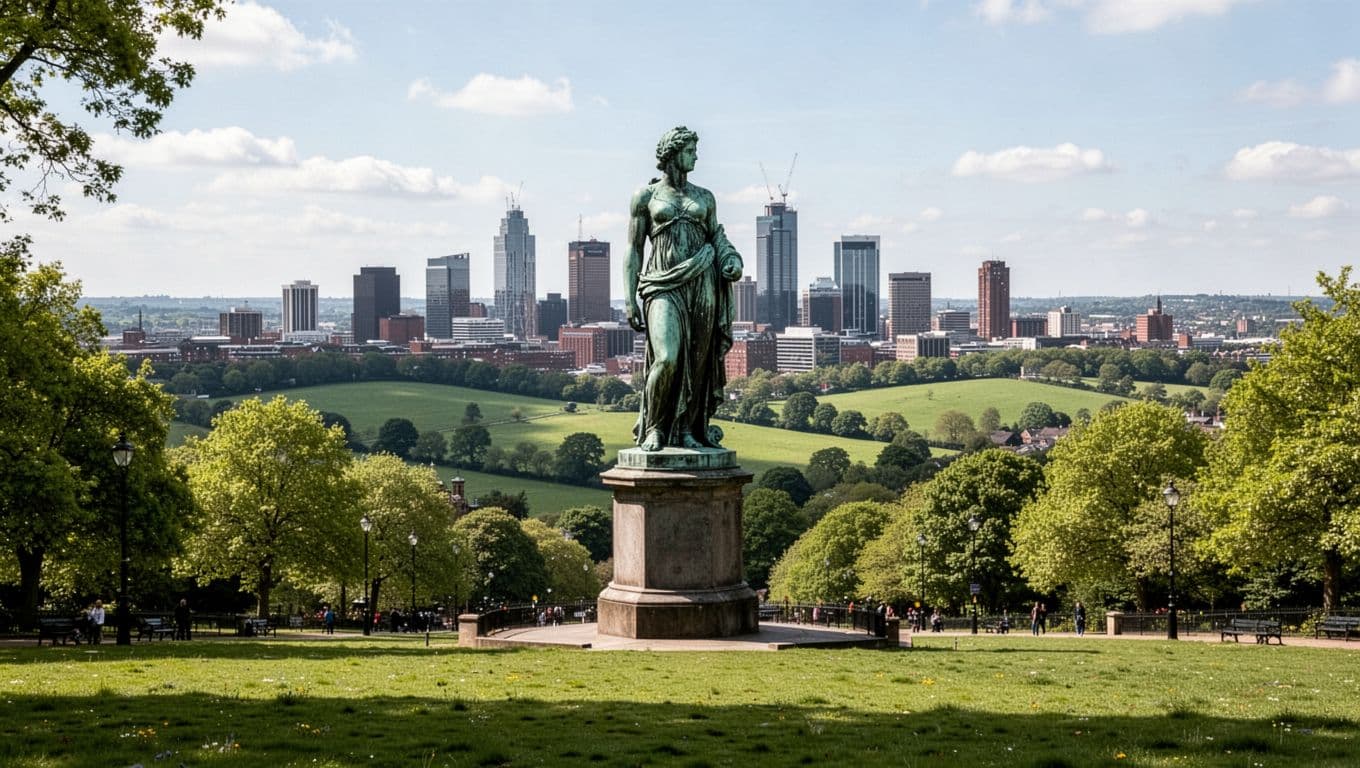 Vulcan statue overlook in foreground with distant Birmingham skyline, green hills, daytime sky, and top 'NEARBY SPOTS' green headline.