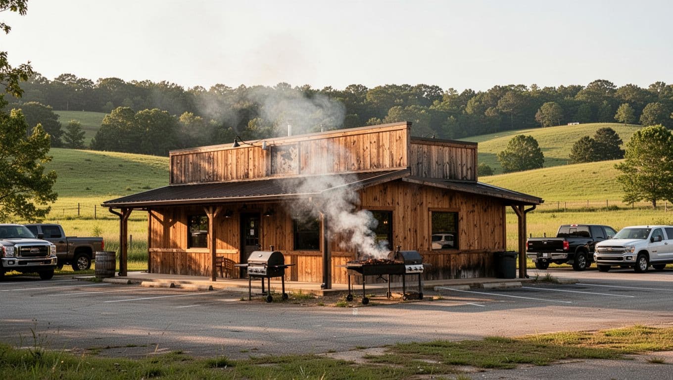Wooden barbecue restaurant with grill smoke, truck parking lot, and green hills in daylight.