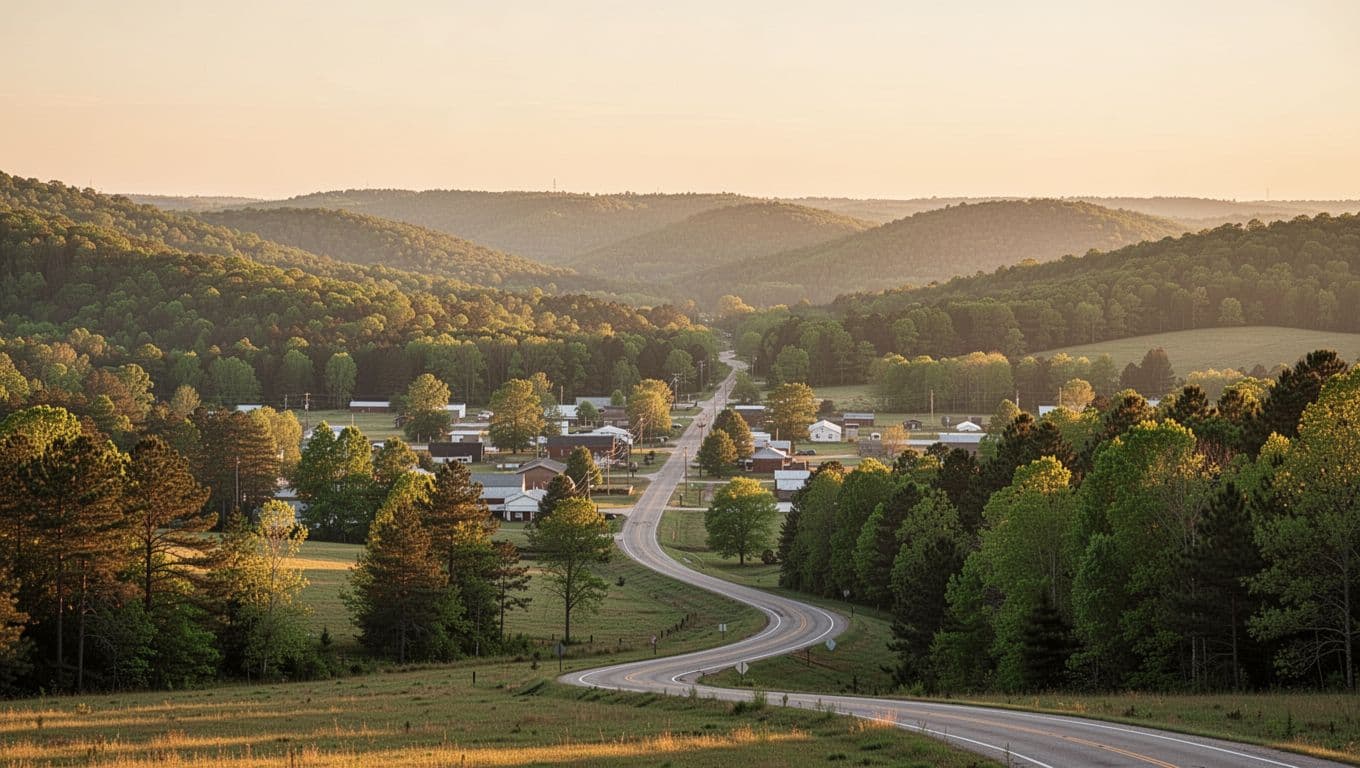 Rolling green hills and forests at golden hour overlook a valley town and winding road, with green top band headline 'Blount County Views'.