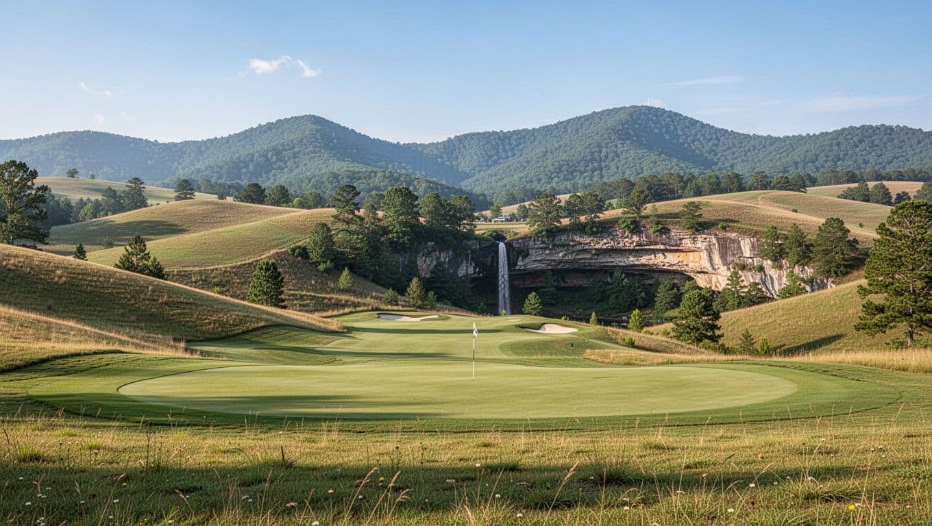 Wide view of rolling hills, golf fairway, cavern entrance, distant waterfall under clear blue sky, green 'Local Attractions' band at top.