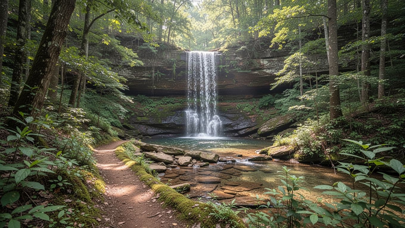 Short trail through green woods leads to scenic waterfall's rocky base pool with clear water, under green 'Outdoor Escapes' headline band.