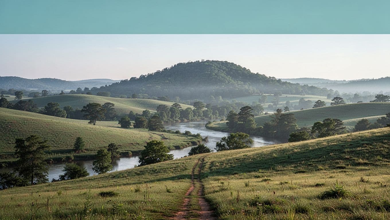 Rolling green hills, Coosa River view, and dirt path to distant ridge below 'Blue Ridge Area' green headline band.