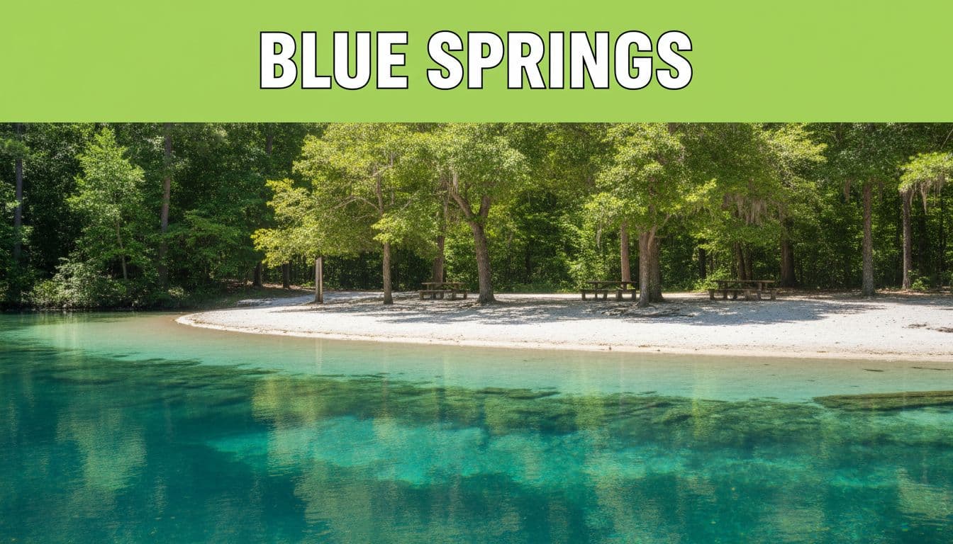 Clear spring-fed pool and sandy beach with picnic tables under trees, green woods background on sunny day, 'Blue Springs' headline on green top band.