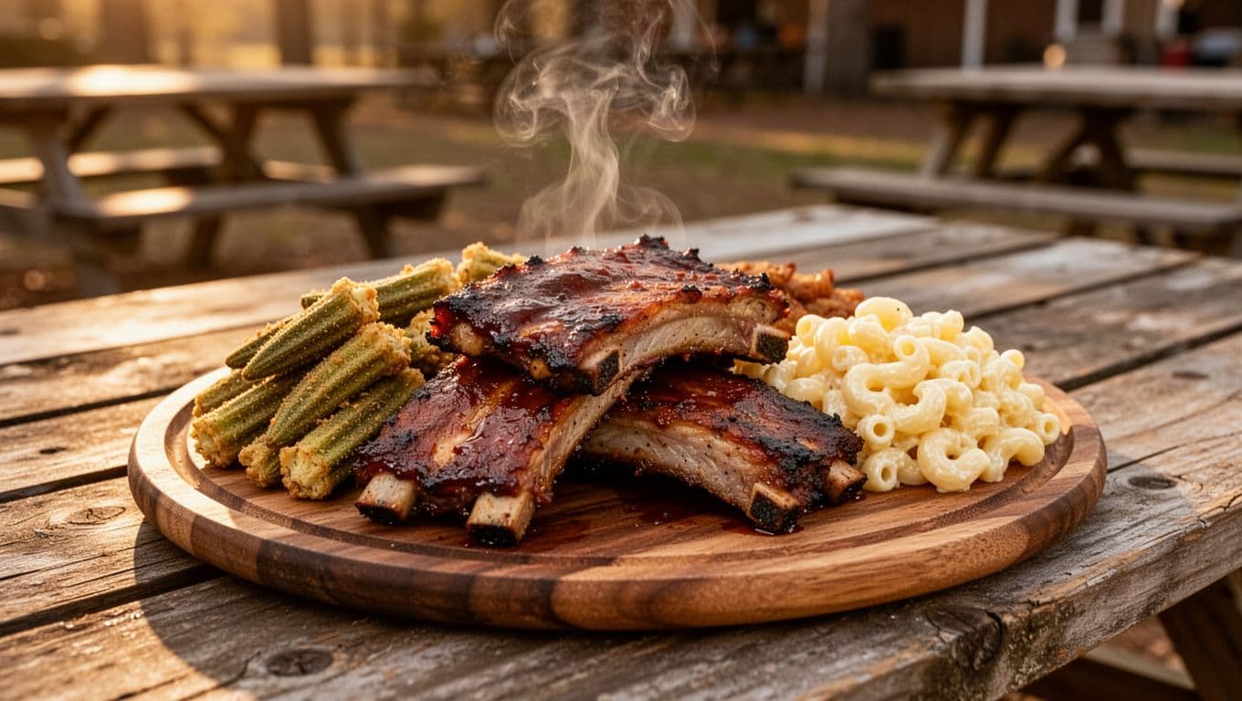 Platter of smoked ribs, fried okra, and mac and cheese on wooden picnic table under green Bob Sykes banner.