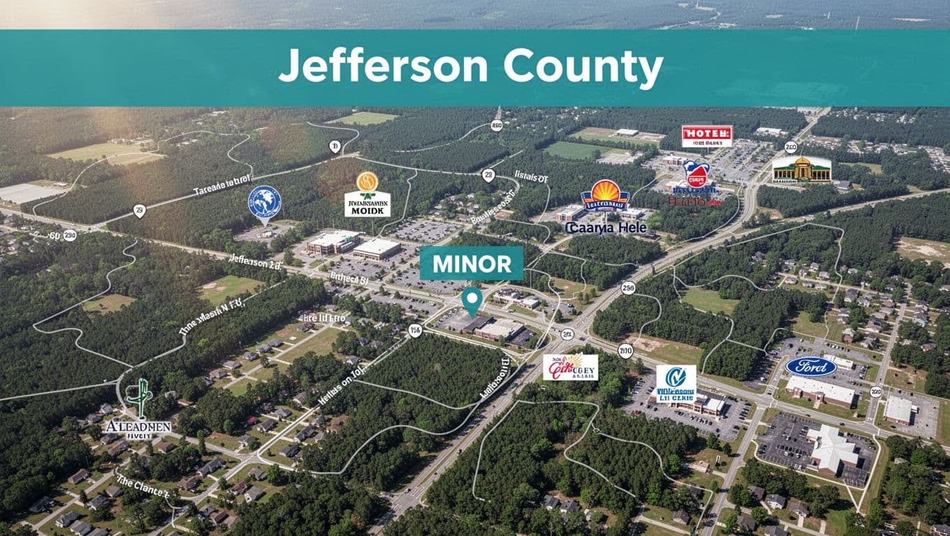 Aerial map of Minor in Jefferson County Alabama highlighting nearby hotels under green Book Smart header band.