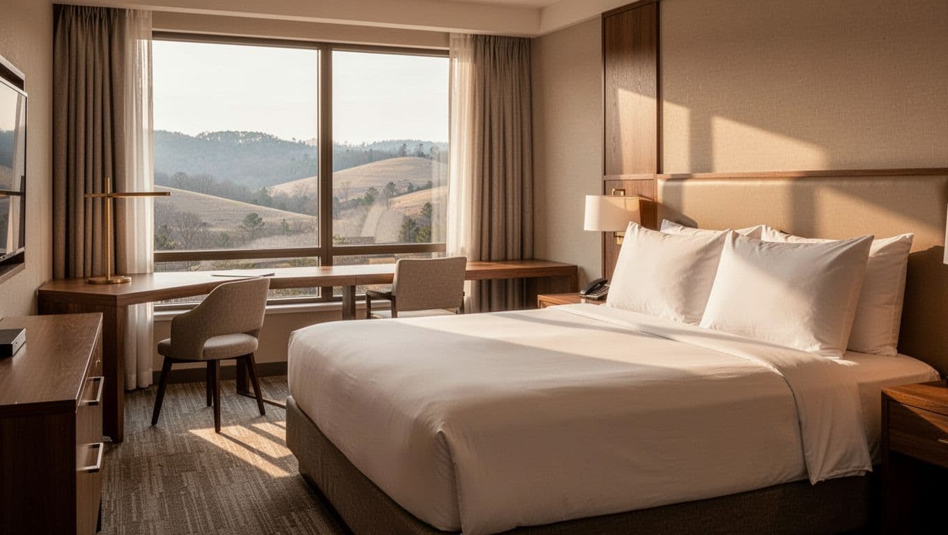 Modern hotel room shows centered king bed, desk, and Alabama hills window view under green Booking Tips headline band.