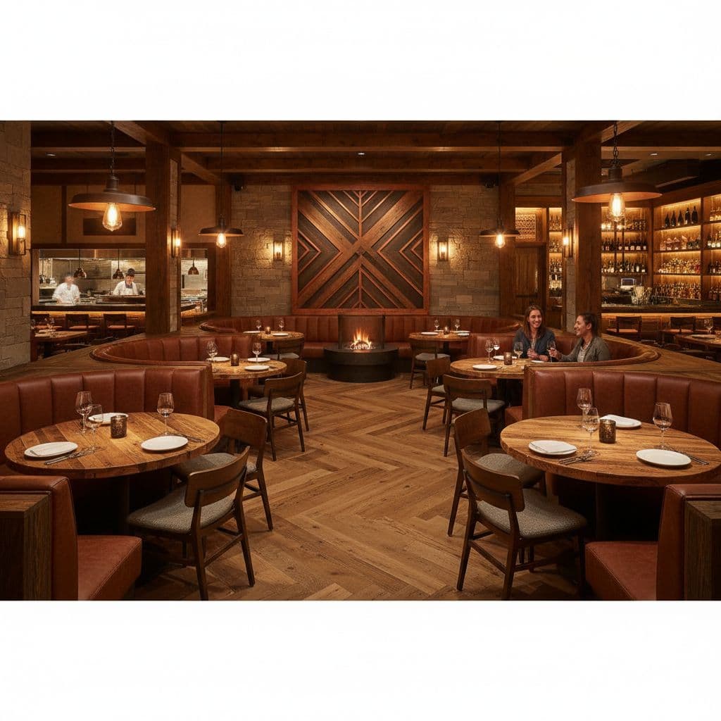 Rustic wooden tables and booth seating in a steakhouse with soft ambient lighting.