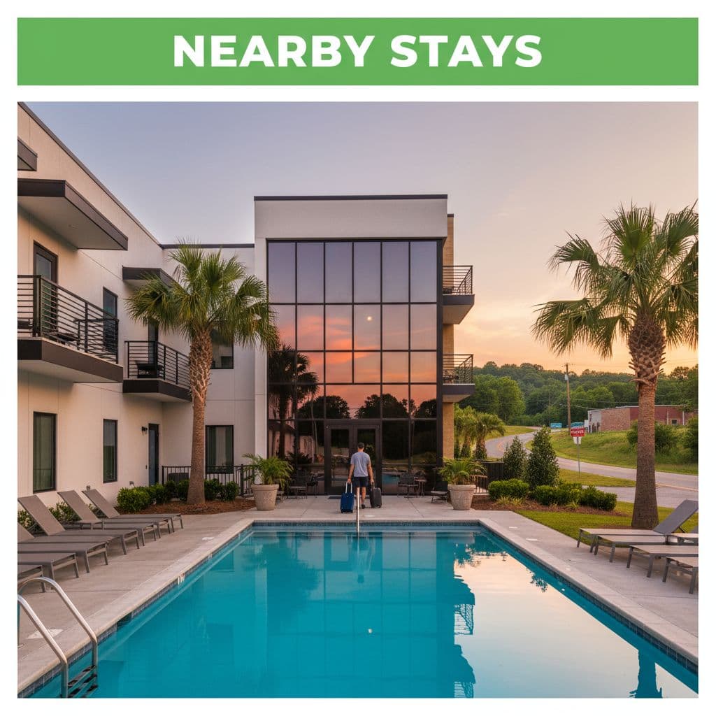 A clean travel editorial graphic features a vibrant green banner with bold text reading Nearby Stays.