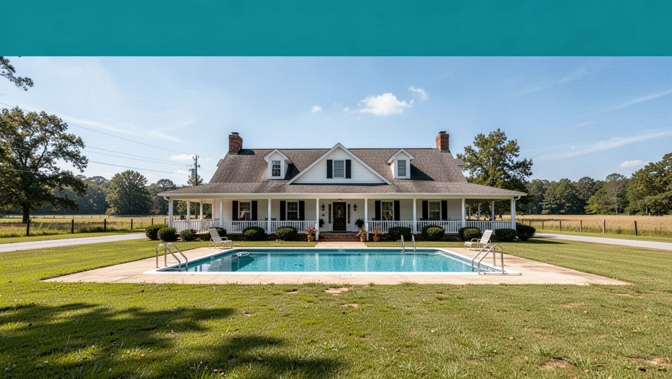 Green top band with Brewton Inn headline above classic inn exterior, outdoor pool, green grass, rural countryside, blue sky.