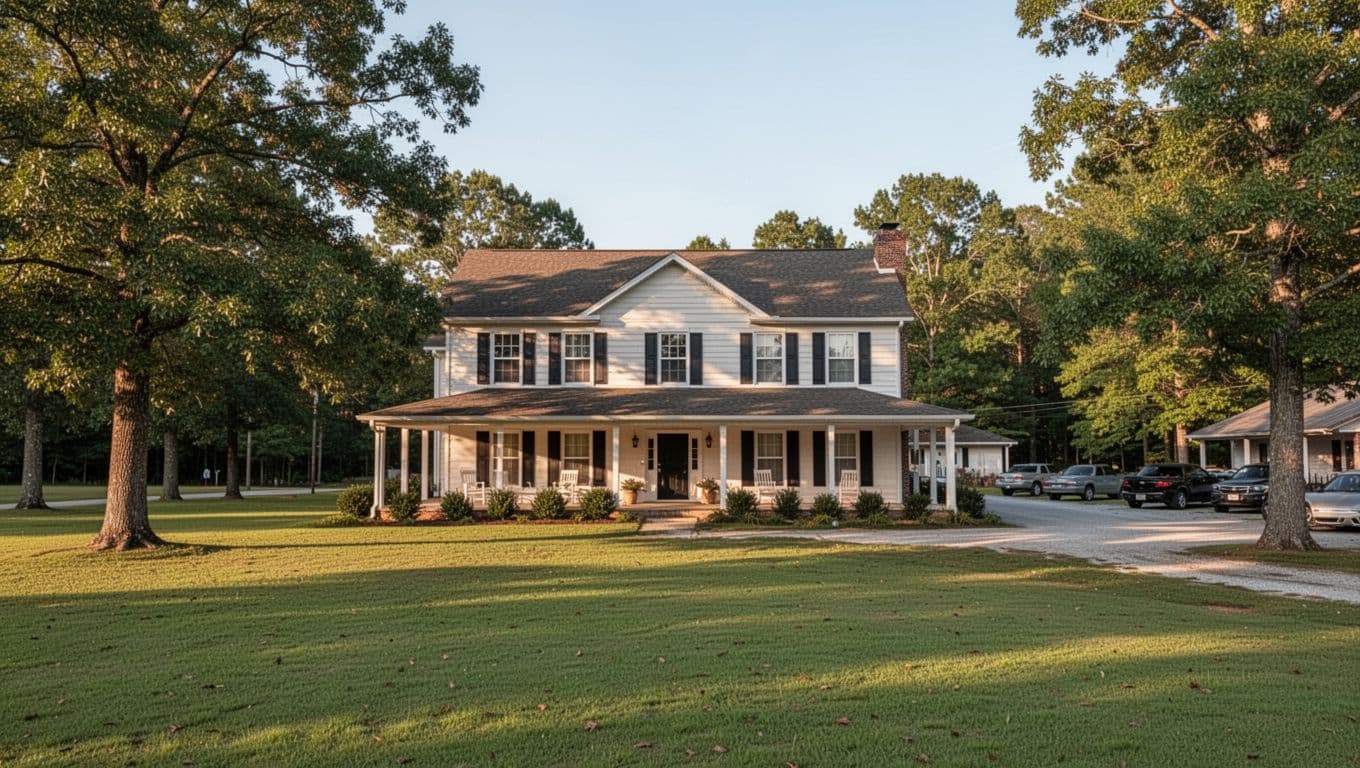 Two-story inn with green lawns, trees, parking lot under clear sky; 'Briarwood Inn' headline in green band at top.