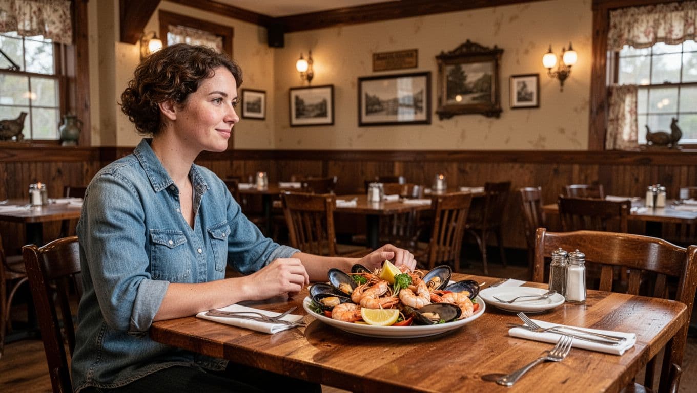 Person seated at wooden table with seafood platter in vintage Alabama restaurant, green 'Bright Star' banner at top.