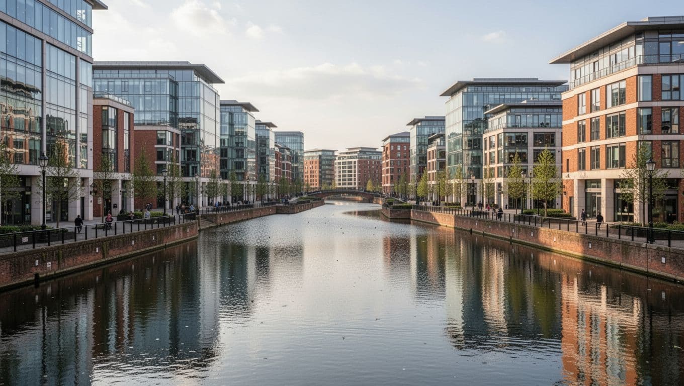 A tranquil view of modern architecture lining the peaceful canal waters in Brindleyplace.