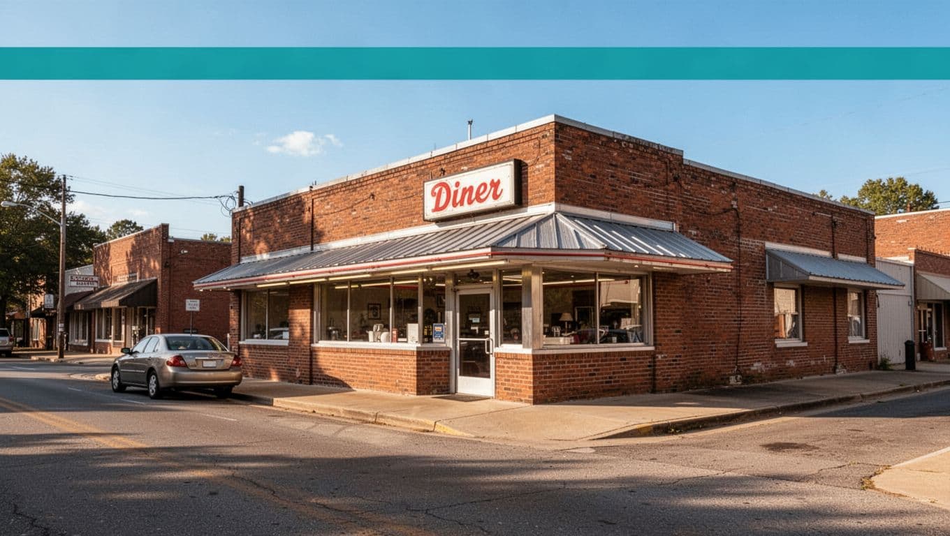 Exterior of Broadway Cafe on quiet sunny Alabama street with one parked car and top green Diner Spot band.
