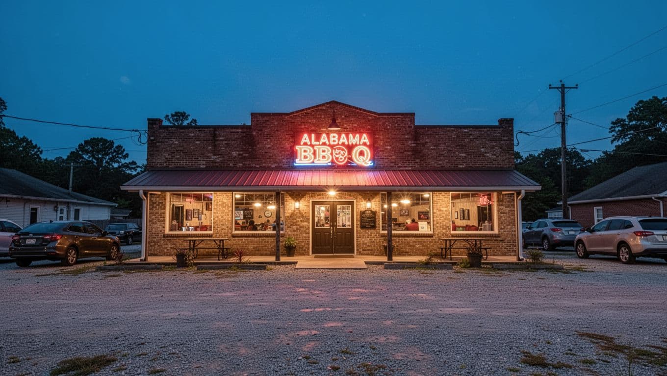Exterior of Brookside Eats BBQ restaurant at dusk with glowing neon sign, parked cars in gravel lot, and green headline band.