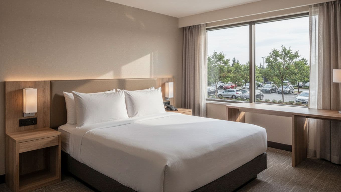 Clean modern hotel room centered on bed, desk, and window with parking lot view, green band at top with Budget Stay headline.