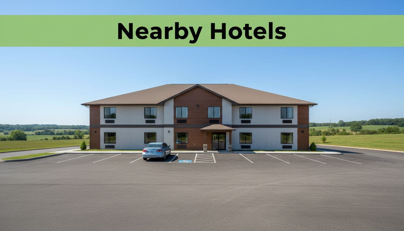 Two-story budget hotel exterior with front parking lot, one parked car, and top green 'Nearby Hotels' banner in rural daytime.