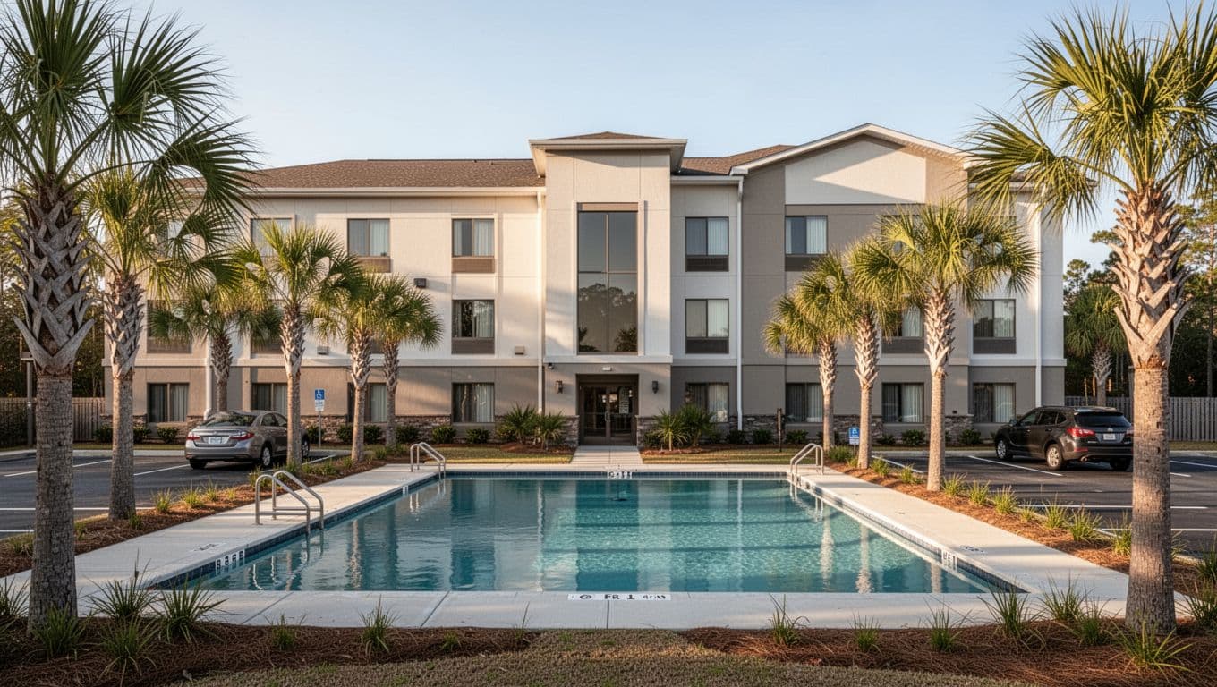 Modern hotel exterior with outdoor pool, palm accents, two cars in parking lot, and green 'Budget Pick' banner at top.