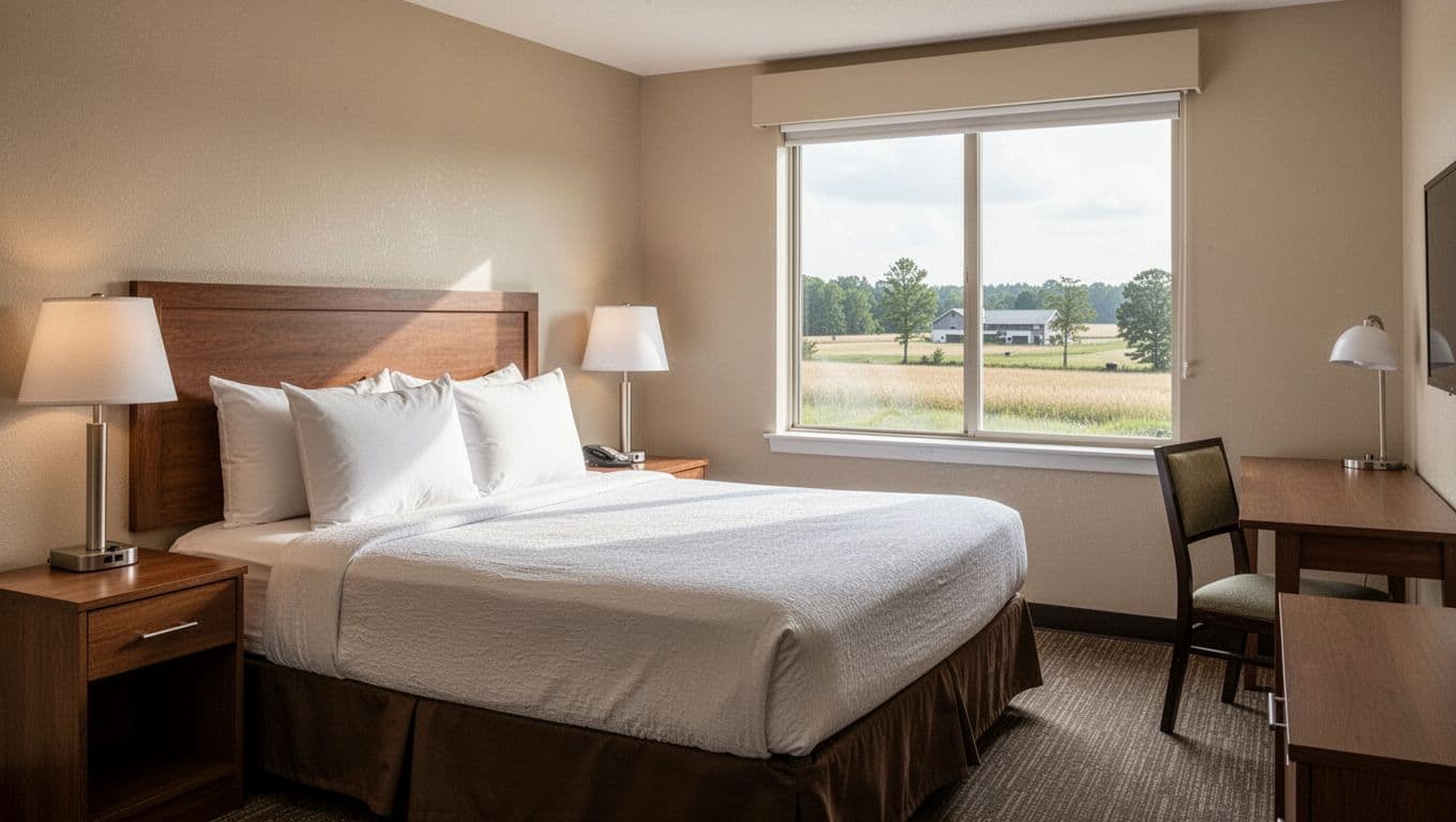 Clean budget hotel room with made-up queen bed, nightstand lamp, desk, chair, and window to rural Alabama landscape under green 'Hotel Amenities' banner.