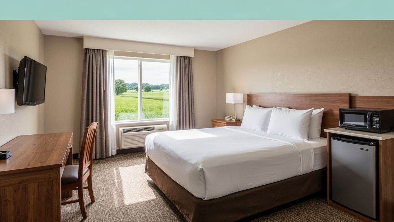 Clean budget hotel room with queen bed, wooden desk, wall TV, rural field window, mini fridge, beige walls, top green 'COMFORT STAYS' band.