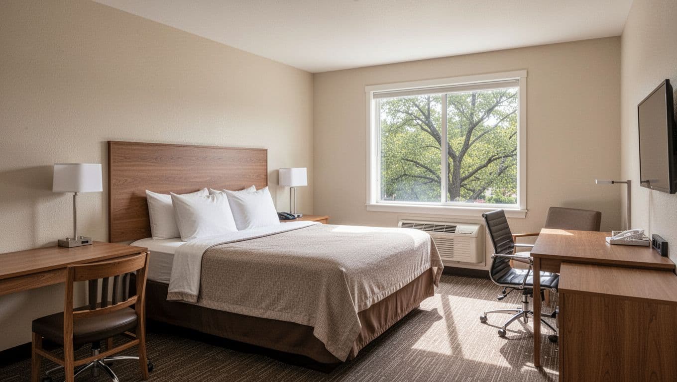 Clean budget hotel room with queen bed, wooden headboard, desk, two chairs, tree-view window, green 'Budget Options' top band.