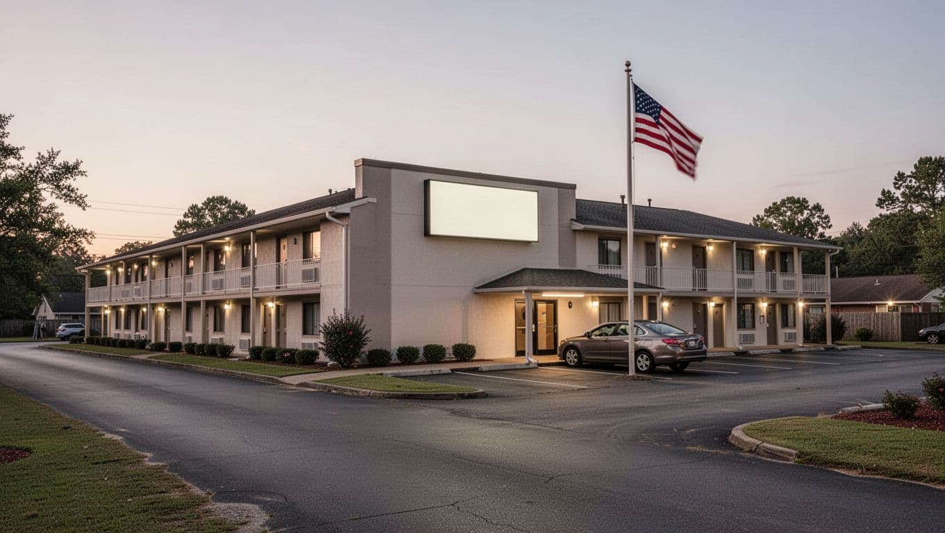 Two-story budget motel exterior at evening with vacancy sign, American flag, one parked car, and green top band reading Budget Stays.