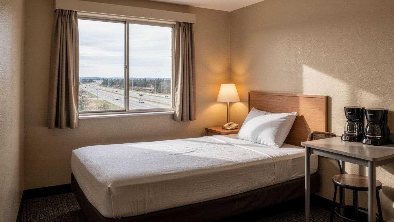 Simple bed, desk, coffee maker in neutral-toned room with highway-view window and warm lamp light.