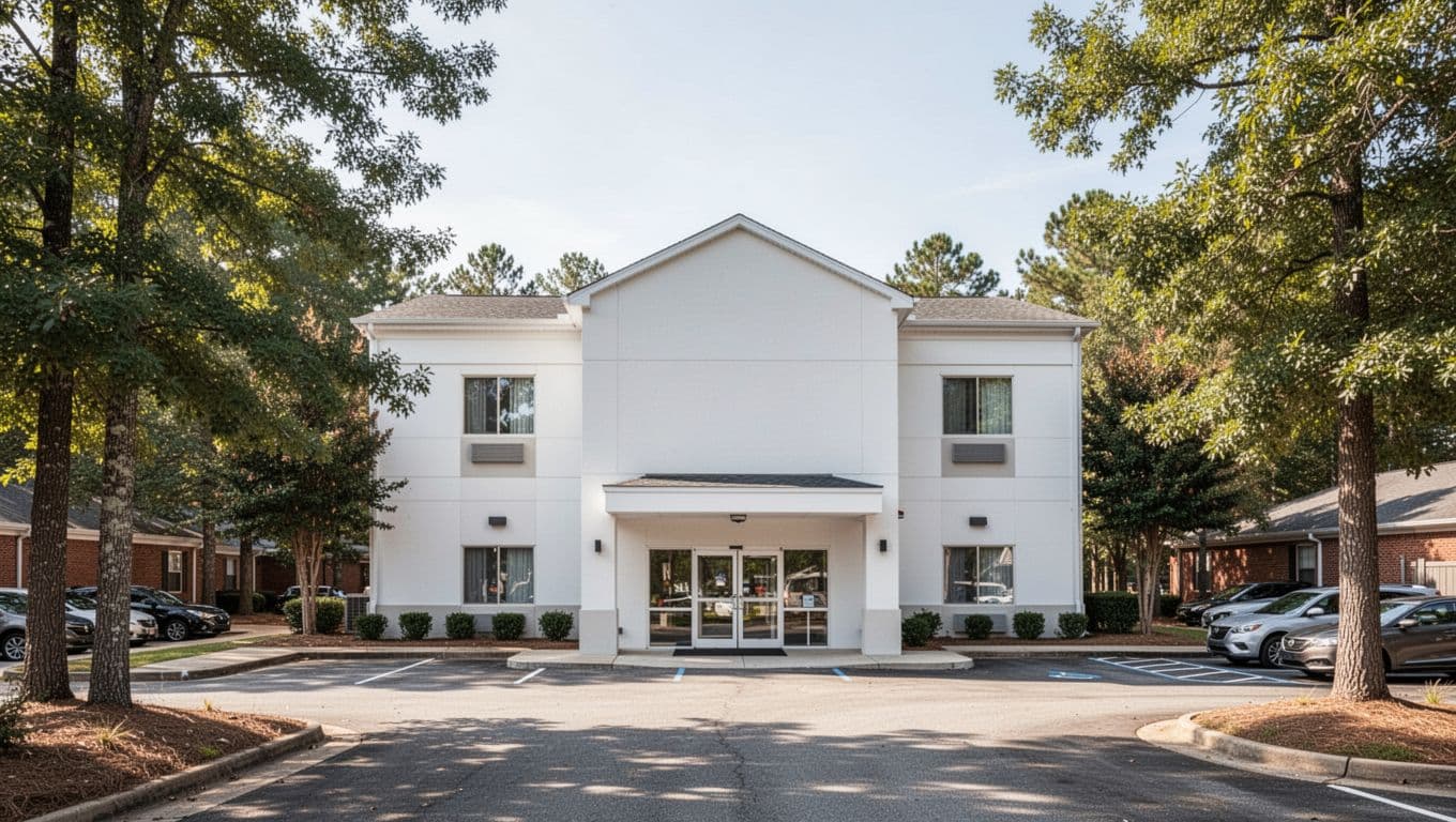 Modern hotel exterior with clean facade, entrance, empty parking lot, and trees in bright daylight, green top band with 'Budget Pick' text.