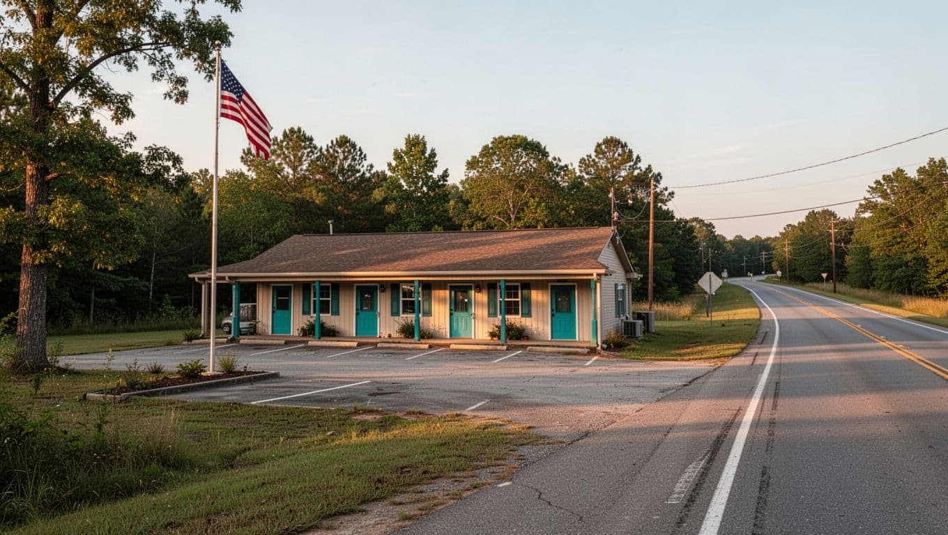 Single-level Budget Picks motel in rural Alabama with green-trimmed doors facing parking, American flag pole, and evening light.