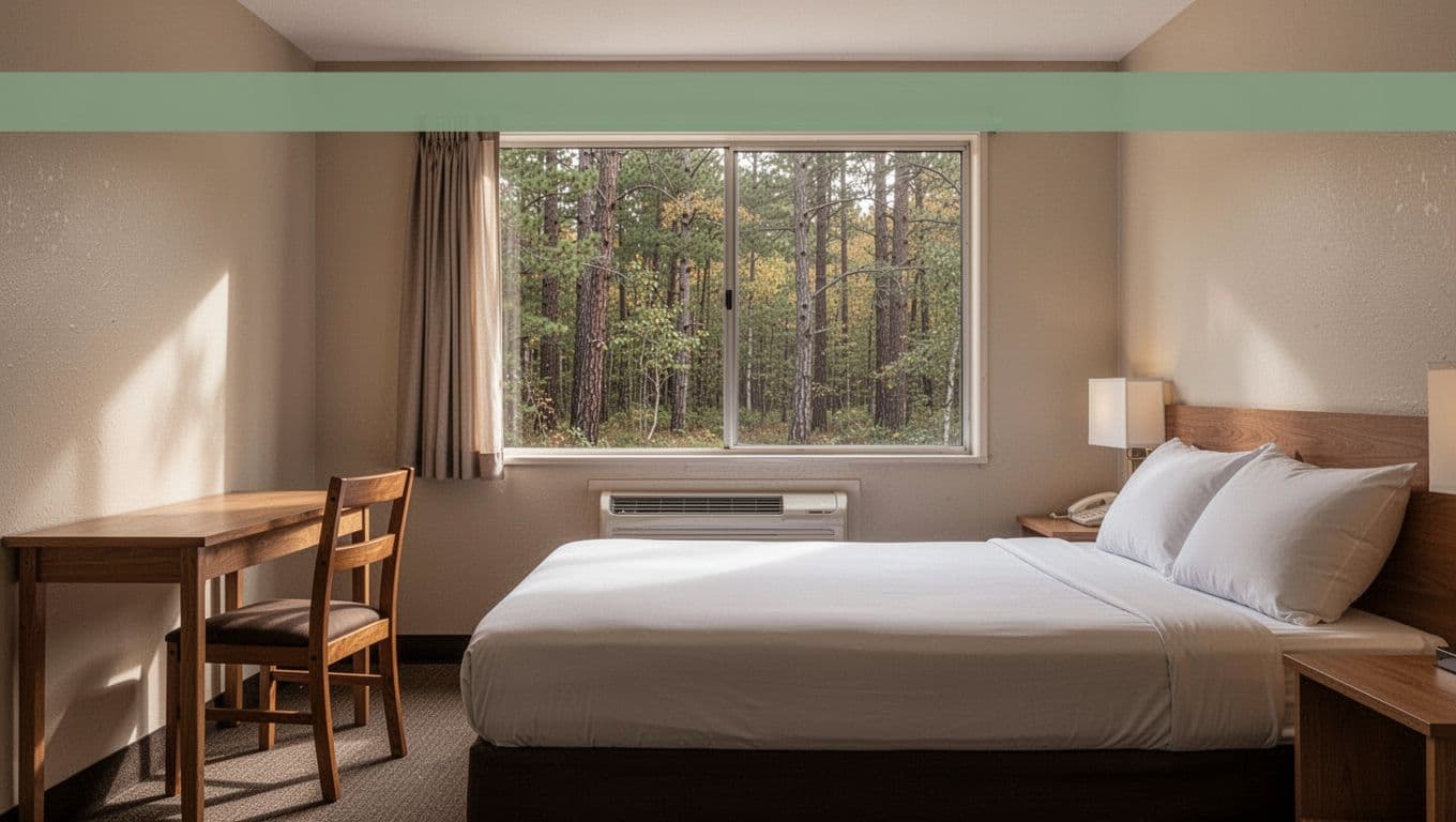 Simple motel room with clean bed, table, chair, and forest-view window under green 'Budget Stays' headline band.