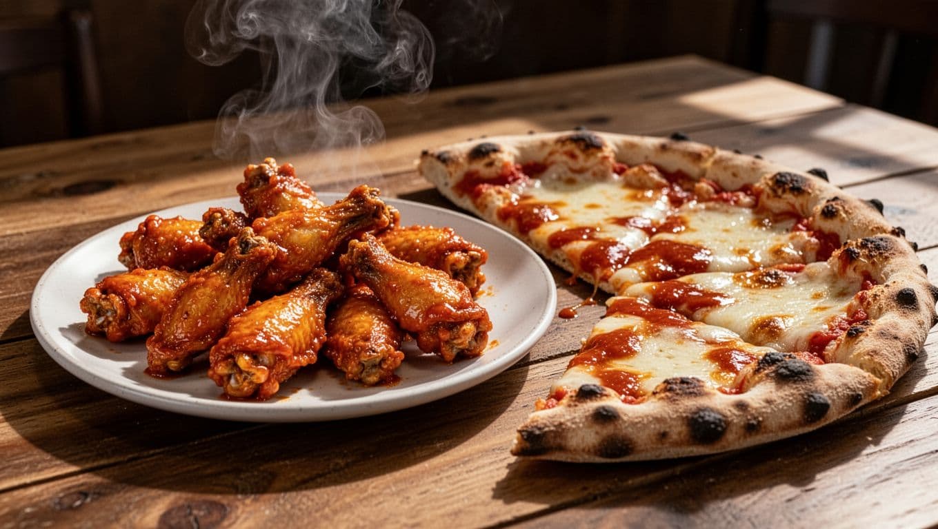Hot buffalo wings and stone-fired pizza slice on wooden table, steam rising, green banner with 'Signature Dishes' at top.