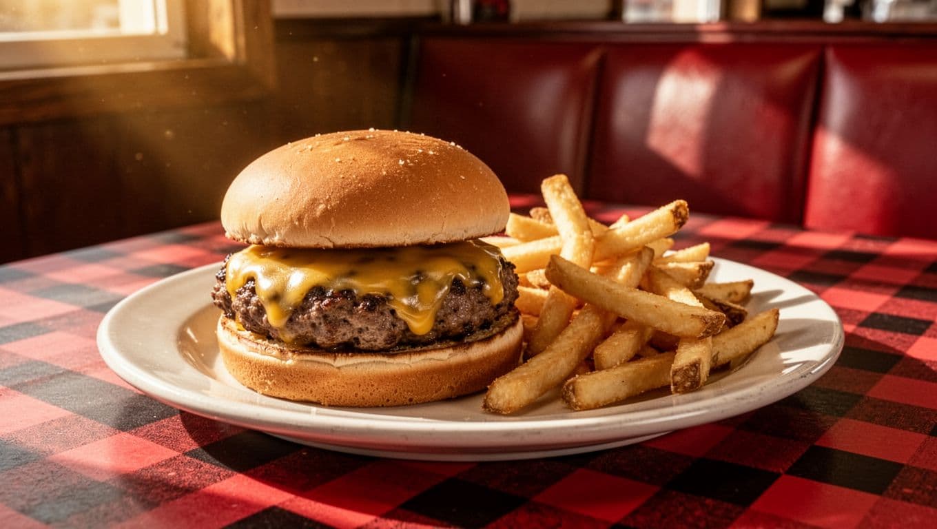 Juicy cheeseburger and fries on checkered tablecloth in Alabama diner booth under green BURGER GEM headline band.