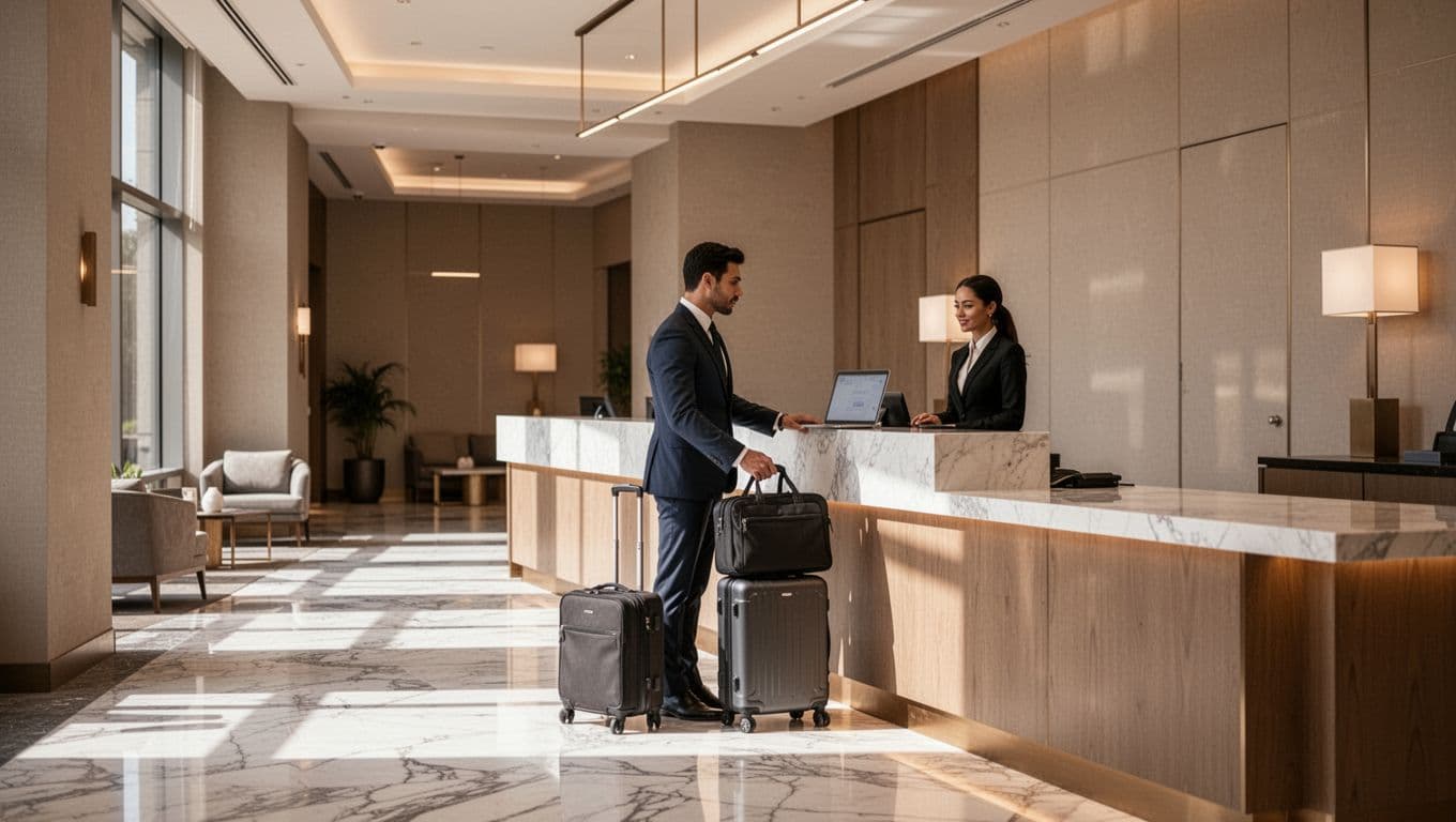 Business traveler with laptop bag and suitcase checks in at modern hotel front desk under green Business Stays banner.