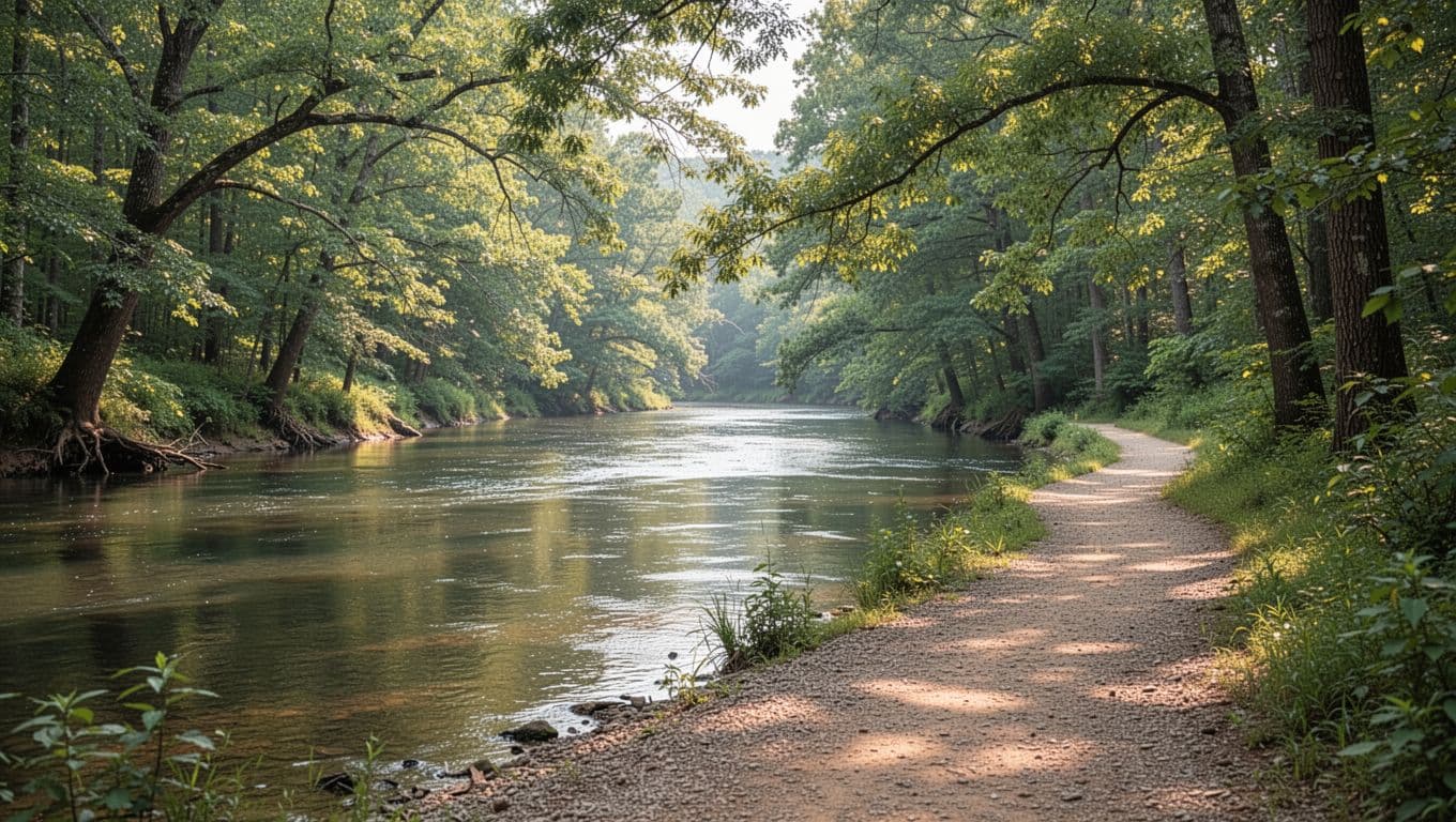 Green band with 'Local Attractions' headline tops calm Cahaba River scene with overhanging trees and gravel trail.