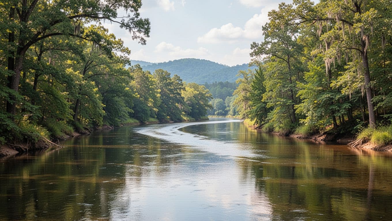 Calm Cahaba River winds through green forested banks with overhanging trees and distant hills below green top band with Bibb Rivers headline.